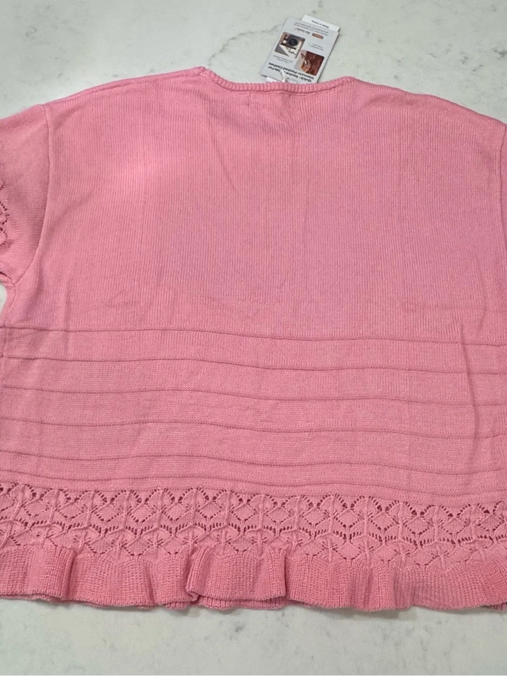 Women's Pink Knit Short-Sleeve Sweater with Lace-Trim Hem - Picture 8 of 9